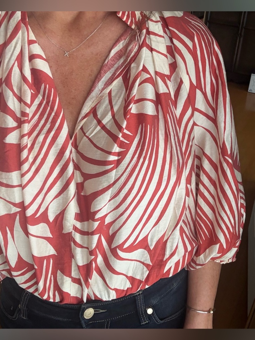 H&M Red and White Striped Leaf-Pattern Blouse in size 10 - Picture 2 of 7